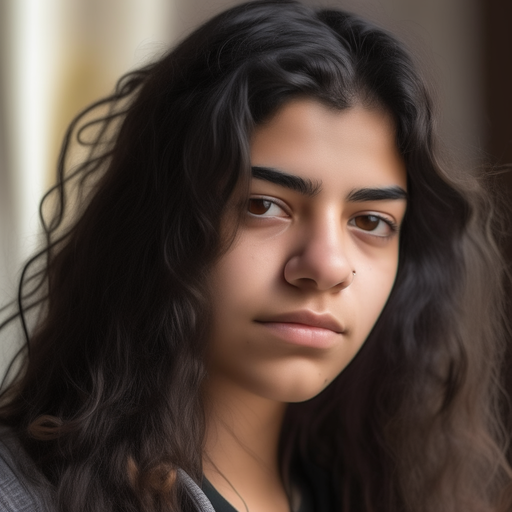 Portrait of Niko, 18-year-old student of Roma and Spanish descent, with gray eyes gazing slightly downward and long black wavy hair swept to one side.