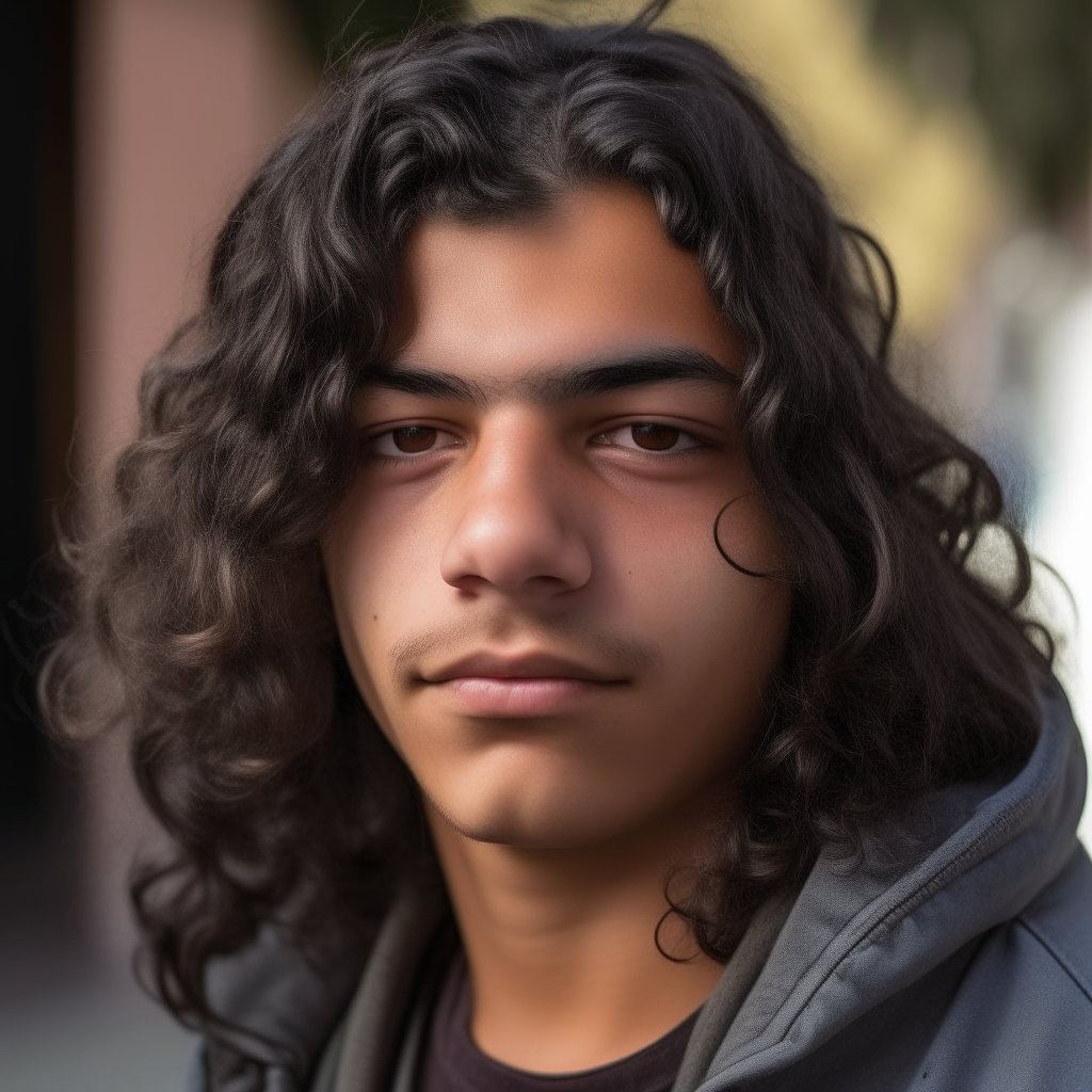 Portrait of Niko, 18-year-old student of Roma and Spanish descent, with intense gray eyes and long black wavy hair loose around his shoulders.