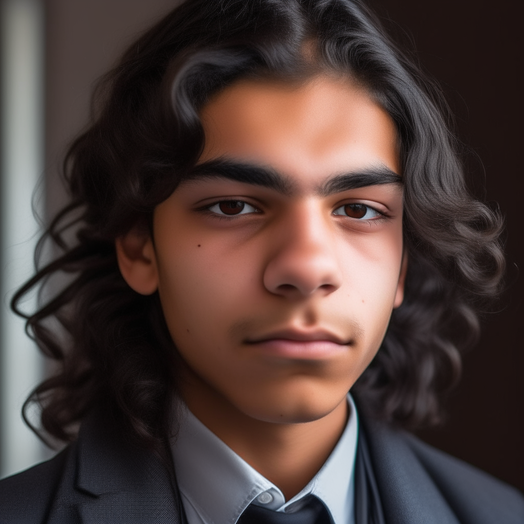 Portrait of Niko, 18-year-old student of Roma and Spanish descent, with gray eyes looking off-camera and long black wavy hair pulled back with a leather tie.