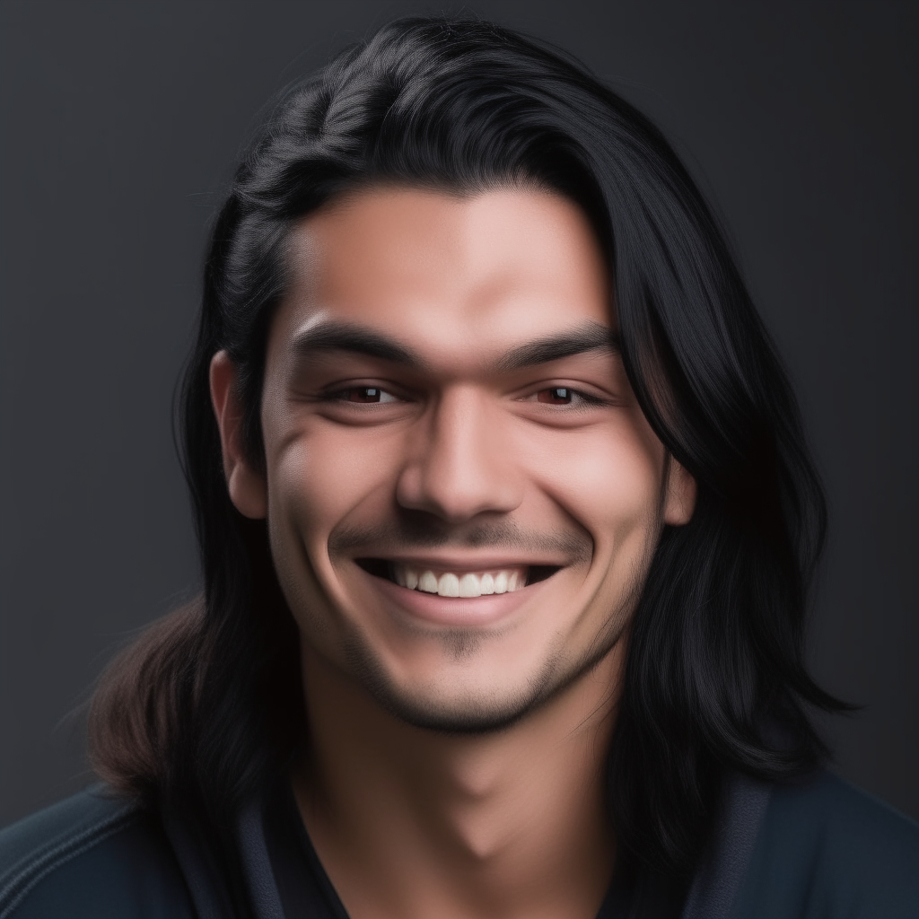 Portrait of Niko smiling slightly, with gray eyes gazing at the camera and long black hair swept back.