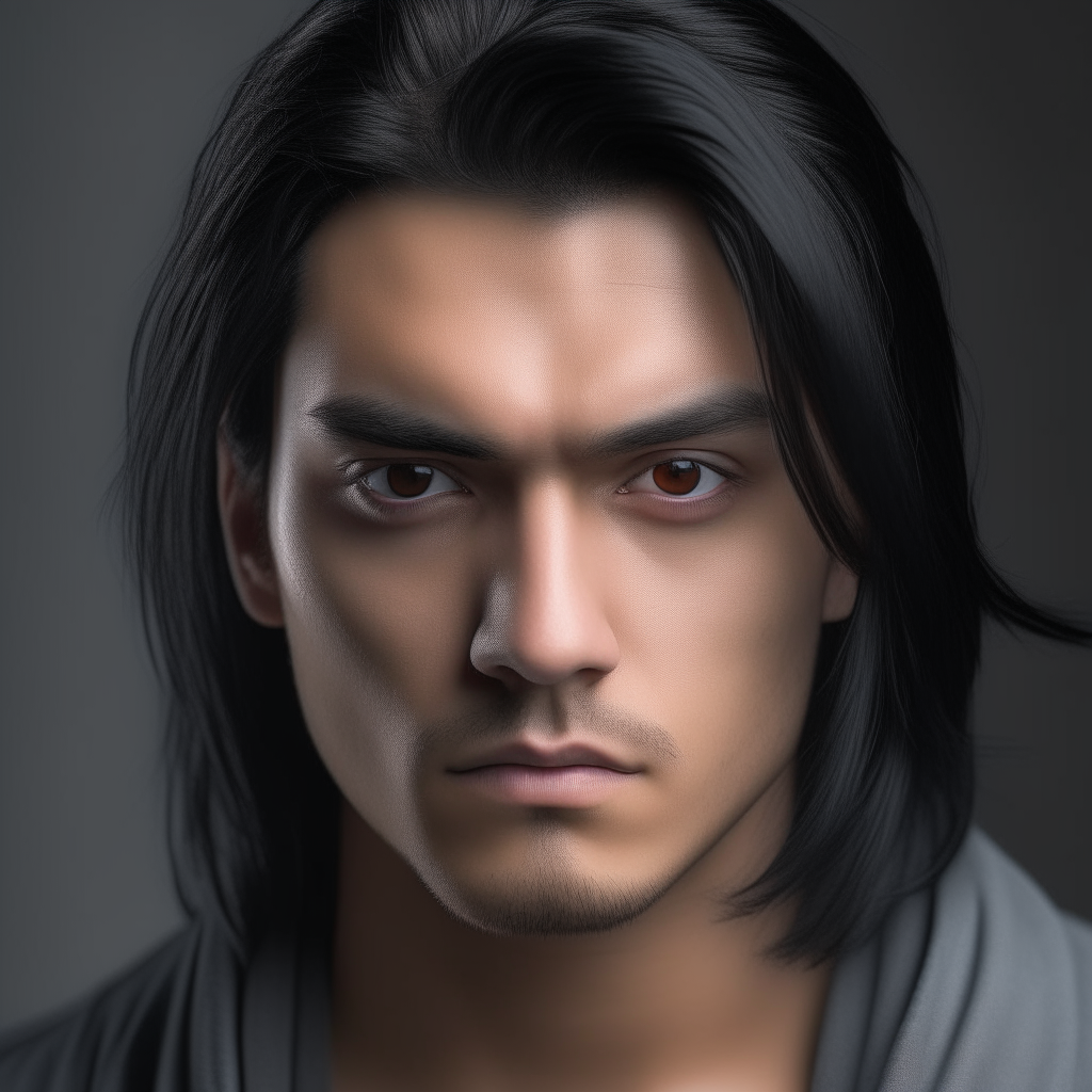 Portrait of Niko with intense gray eyes gazing directly at the camera and long black hair pulled back to showcase his features.