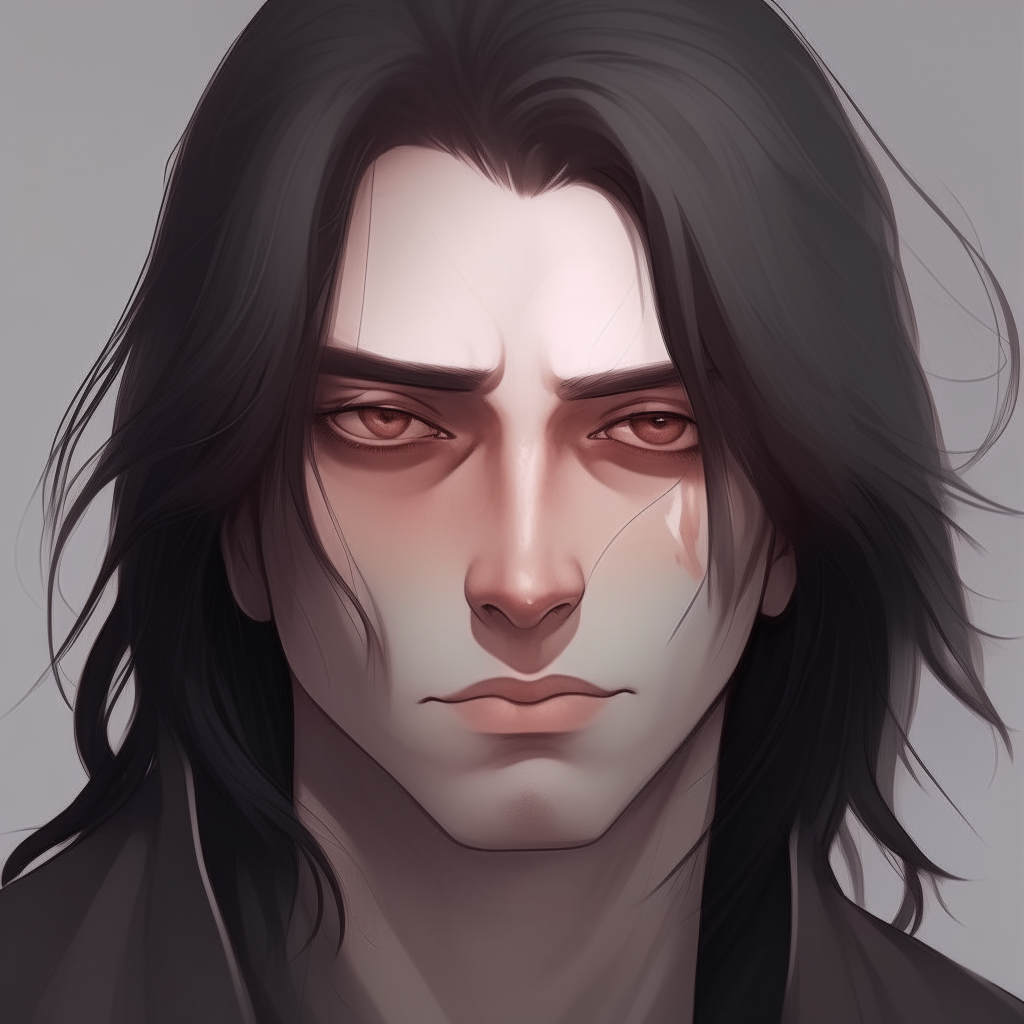 Portrait of Niko with an enigmatic expression, gray eyes looking slightly downward and long black hair falling loosely around his face.