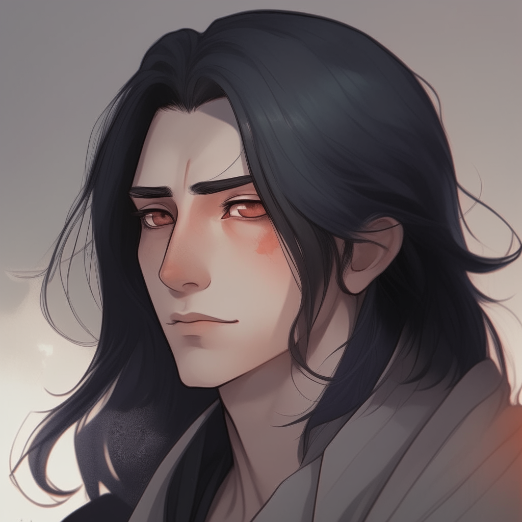 Portrait of Niko with a half-smile and gray eyes looking off into the distance, long black hair swept casually to one side.