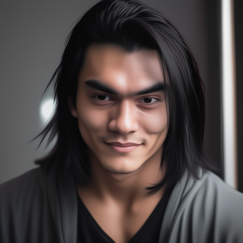 Portrait of Niko smiling brightly while straightening his long black hair in front of a mirror.