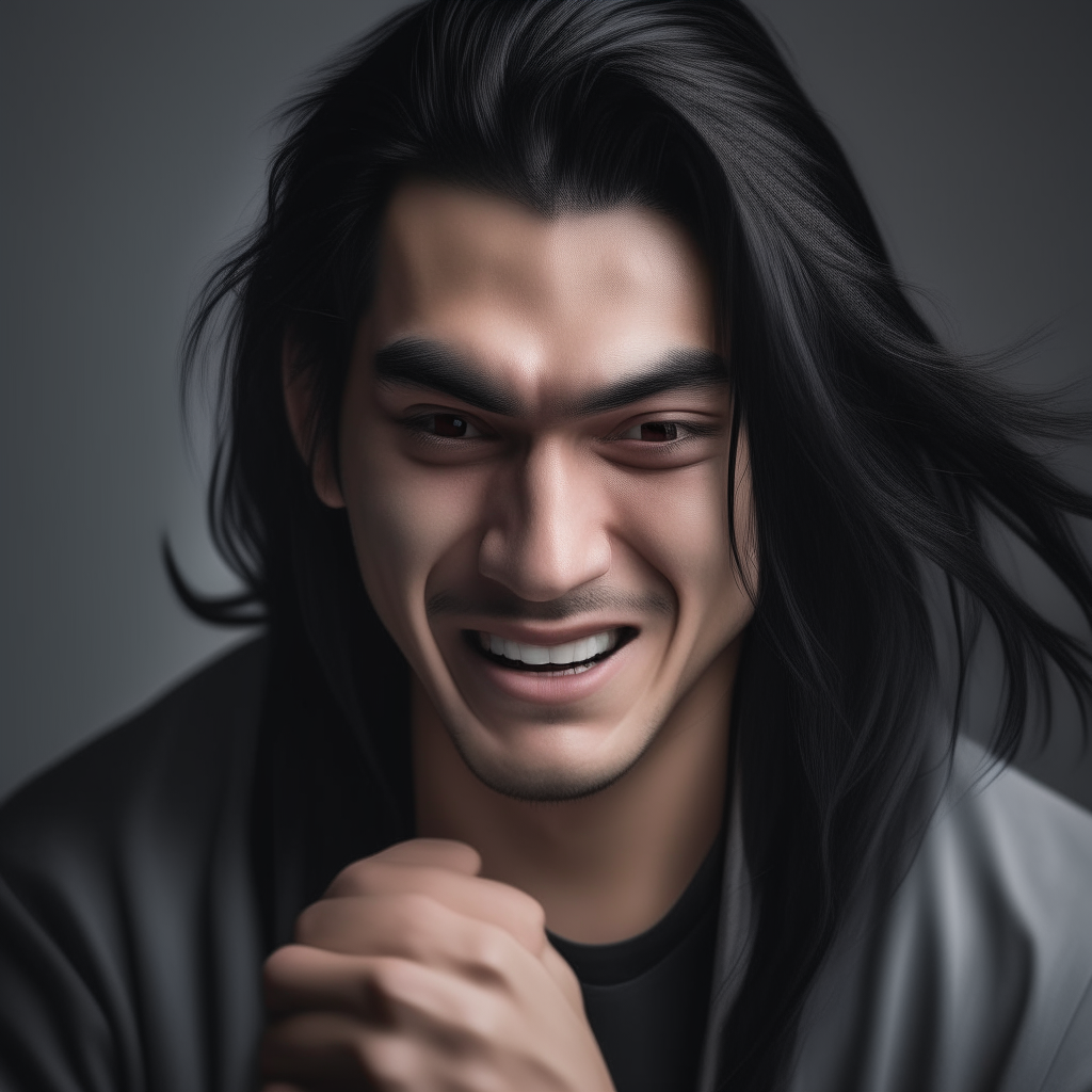 Portrait of Niko laughing while attempting different hairstyles, hands tangled in his long black locks.