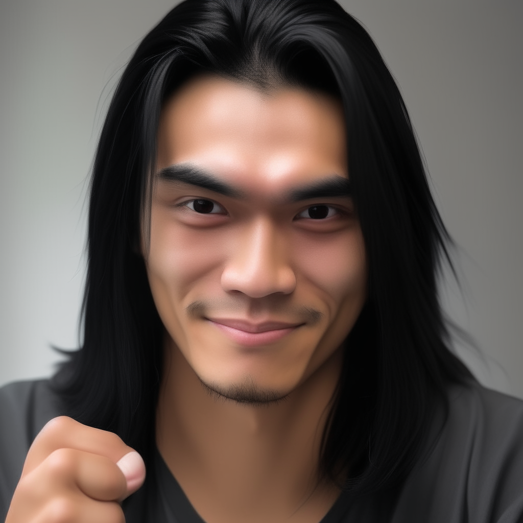 Portrait of Niko grinning and giving a thumbs up as he shows off his freshly straightened long black hair.