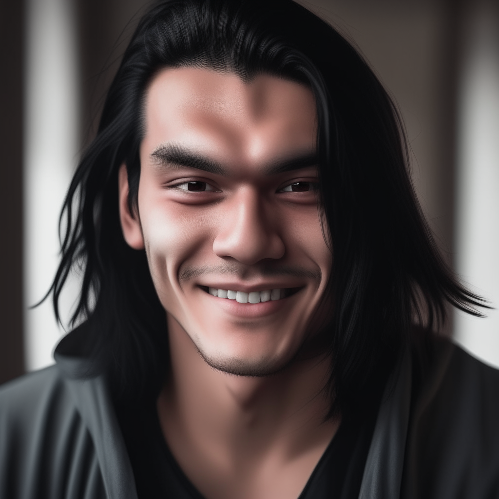 Portrait of Niko smiling broadly to show his dimples, gray eyes twinkling as his long black hair falls back to frame his face.