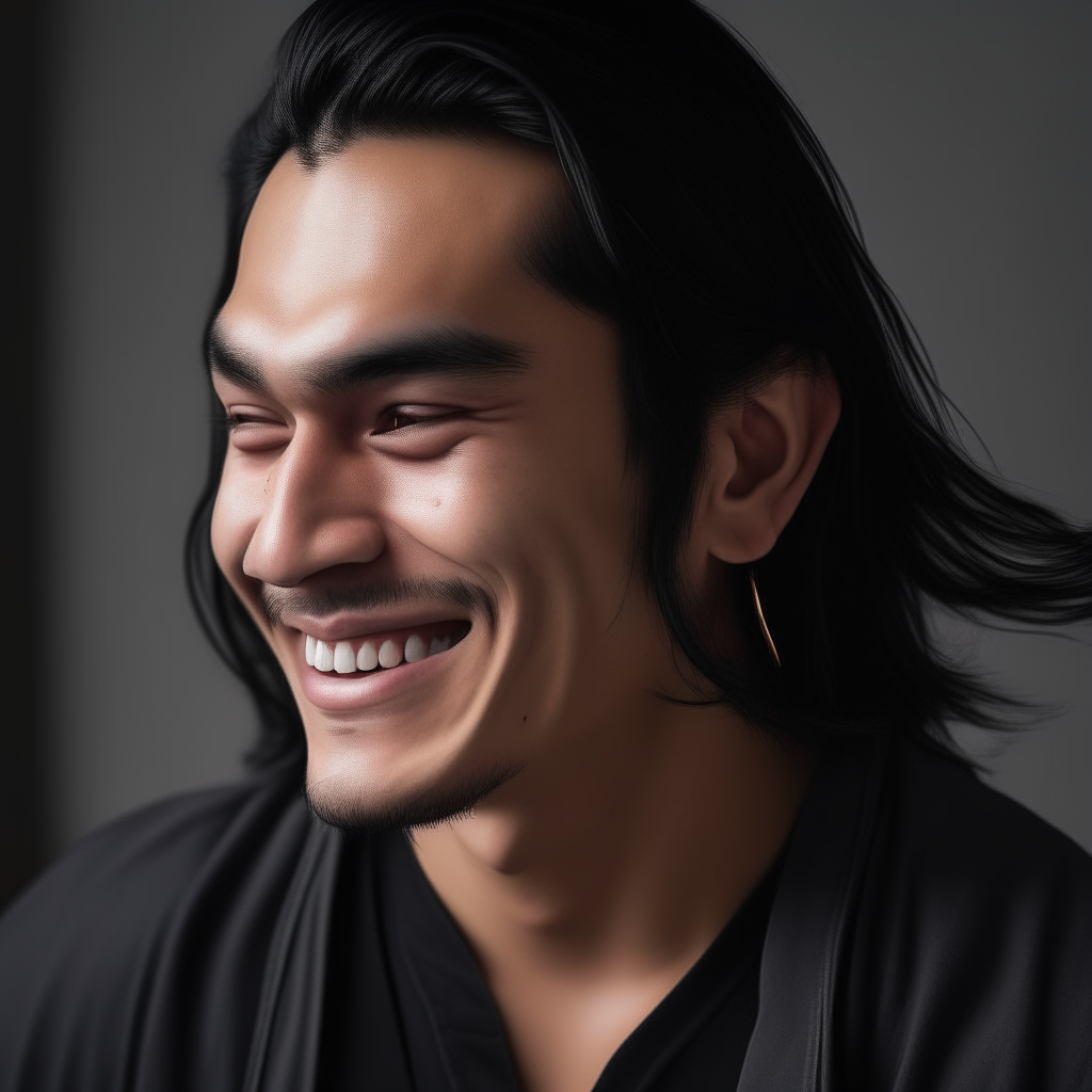 Three-quarter profile of Niko laughing, dimples prominent on one cheek as his long black hair is swept back to highlight his large earring.