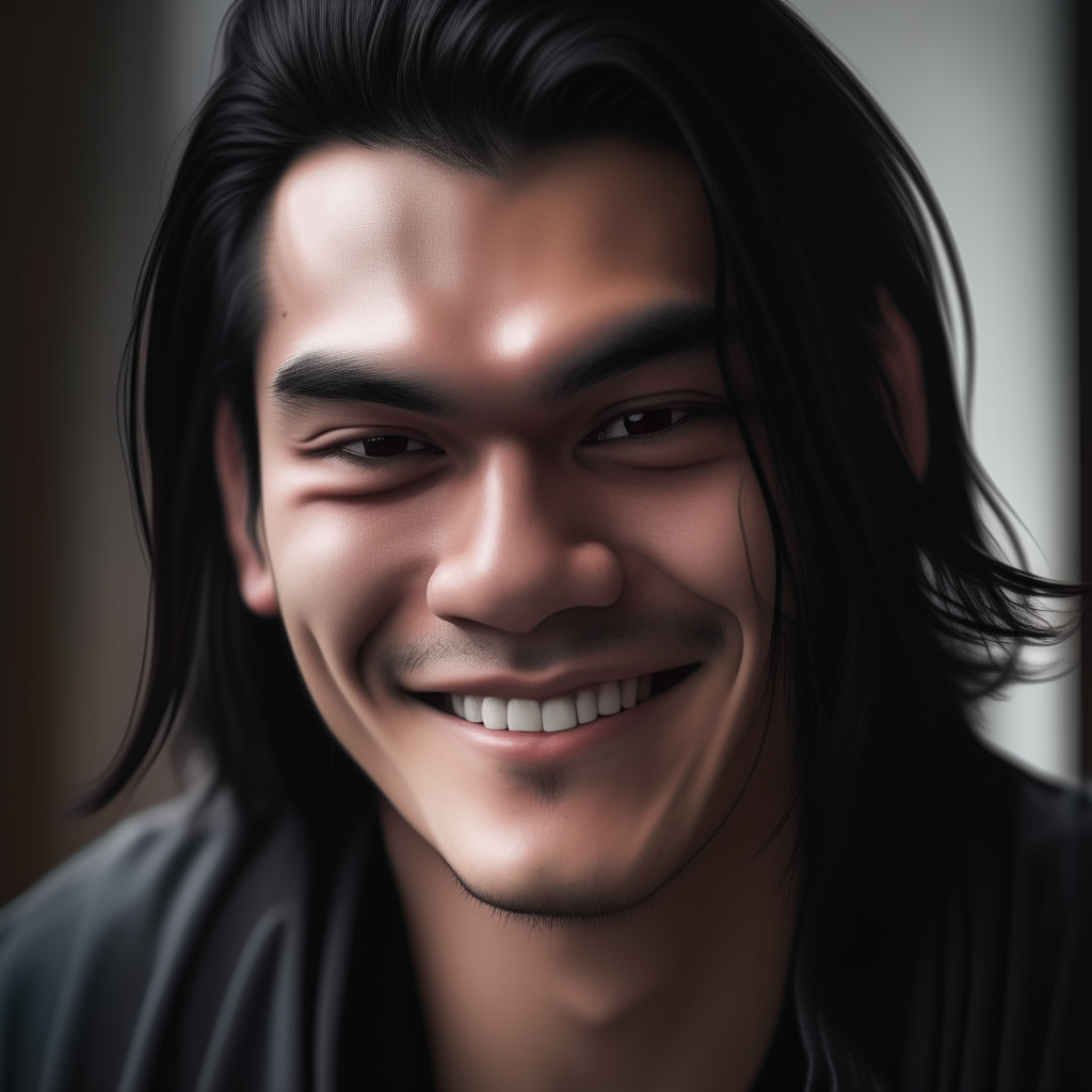 Close-up portrait of Niko grinning, dimples on full display and long black hair swept aside to showcase his large earring.