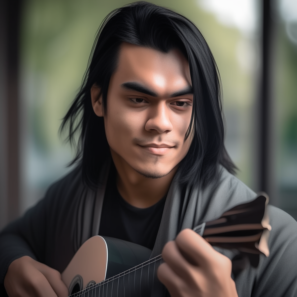 Portrait of Niko playing an acoustic guitar in the park, long black hair in a casual bun, gray eyes gazing thoughtfully at the frets as his fingers strum chords.