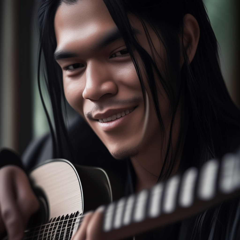 Close-up portrait of Niko playing an acoustic guitar, long black hair in intricate braids matching the fretboard.