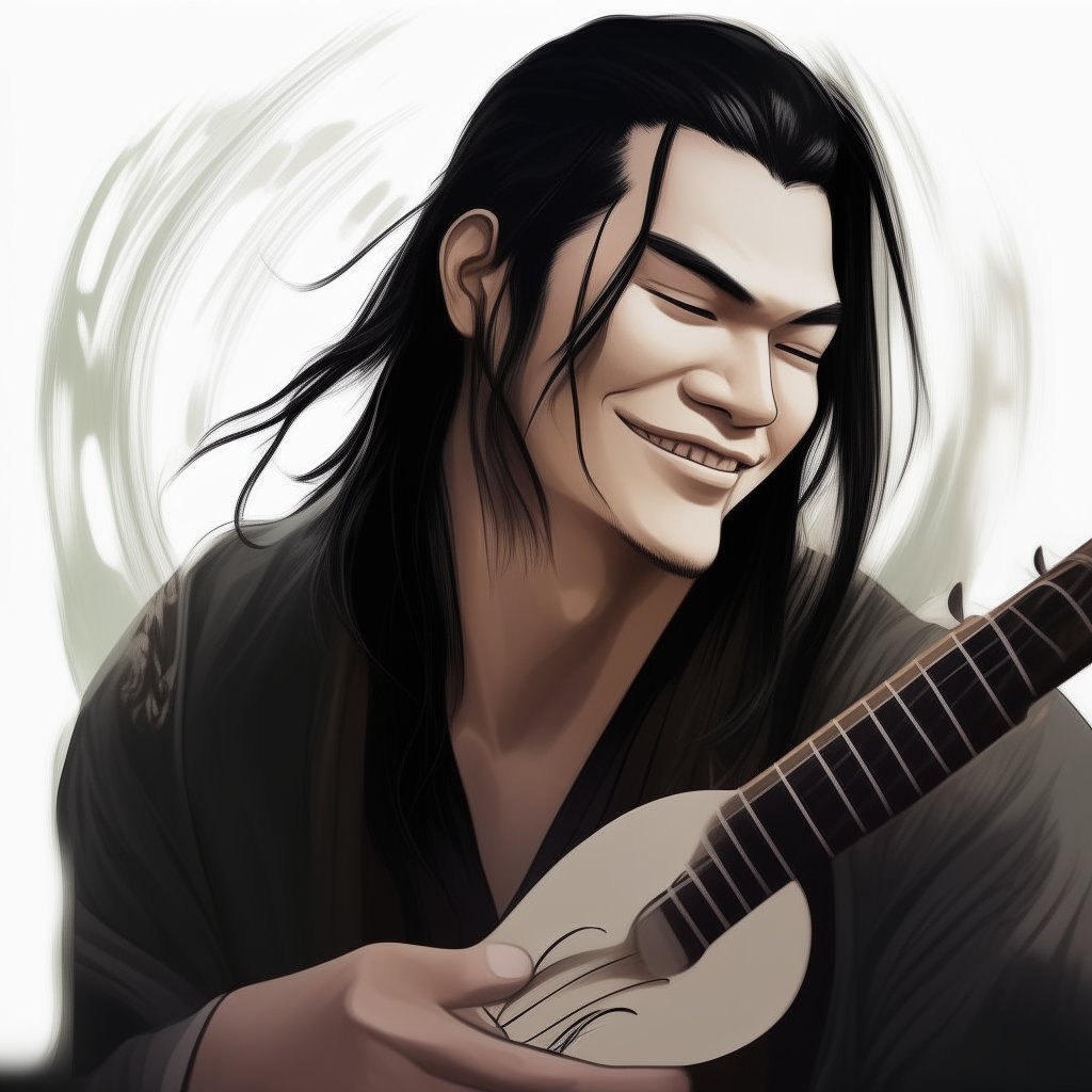Three-quarter view of Niko strumming casually, long black hair swept up in an intricate bun resembling musical notes.