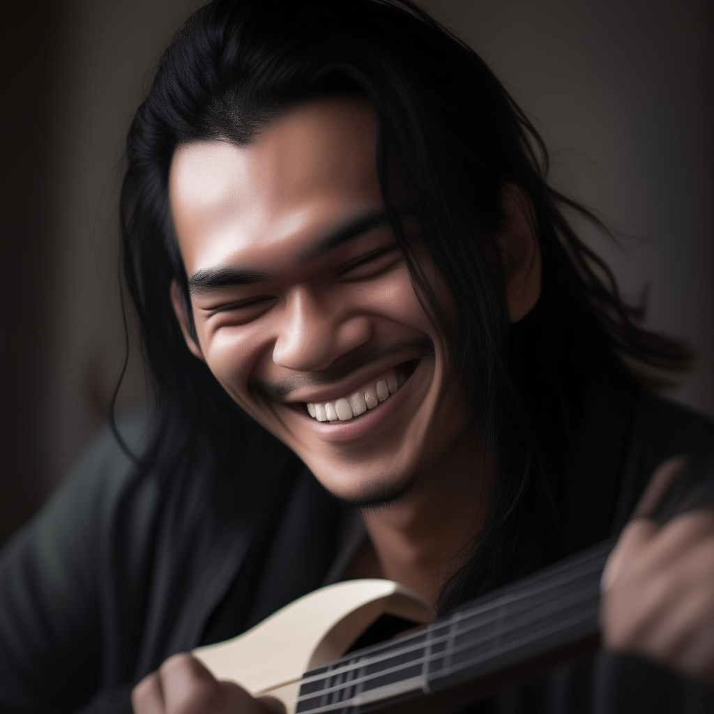 Portrait of Niko smiling softly while tuning his guitar, long black hair curled into question marks around the headstock.