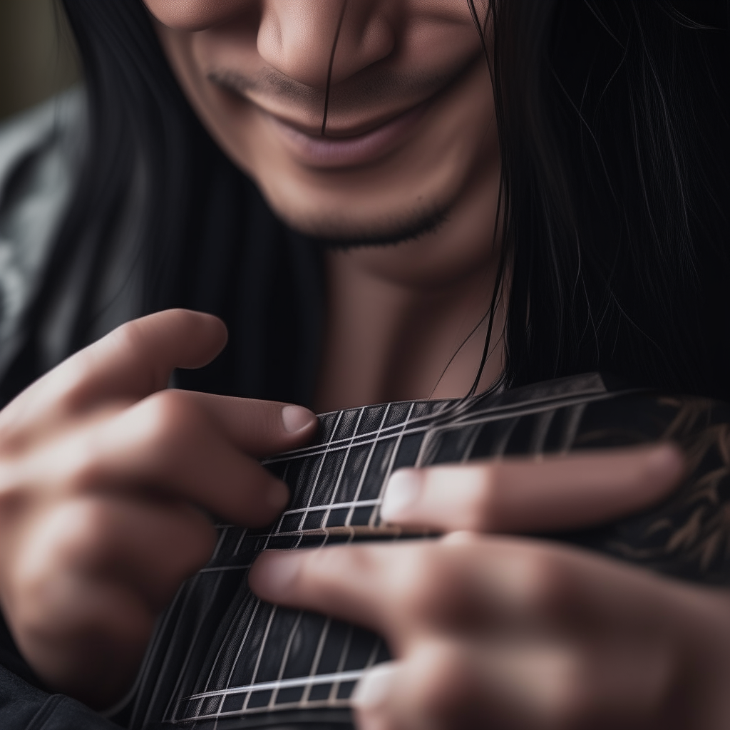 Close-up of Niko's hands fingering chords on a guitar, long black hair braided around the frets in an artistic pattern.