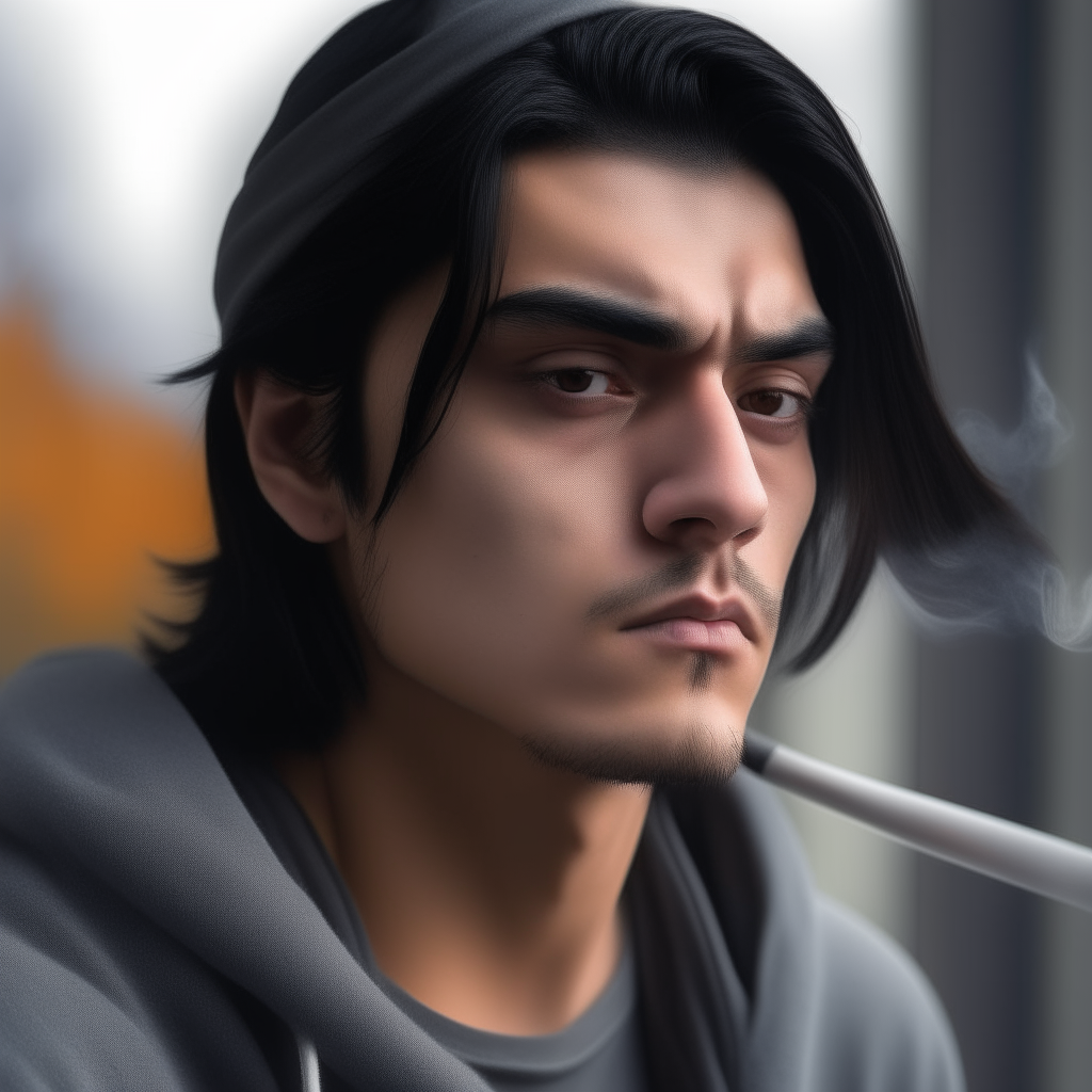 Portrait of Niko gazing pensively from a balcony on a crisp autumn day, wisps of smoke rising as he takes a drag from a cigarette. A gray knit cap covers his long black hair.