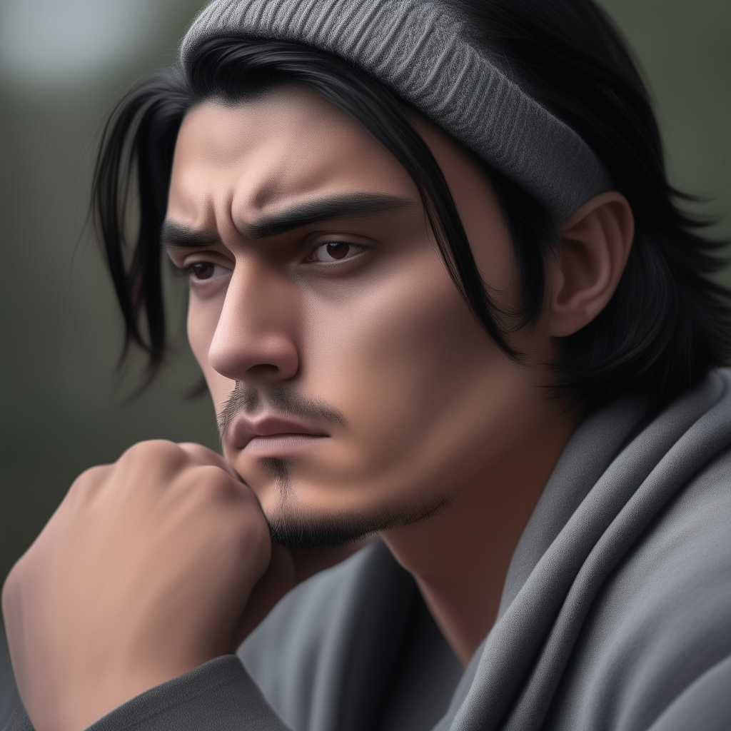 Three-quarter view of Niko leaning on a railing, lost in thought on a windy fall afternoon. Smoke curls around him as his gray knit cap blows back, revealing melancholy eyes.