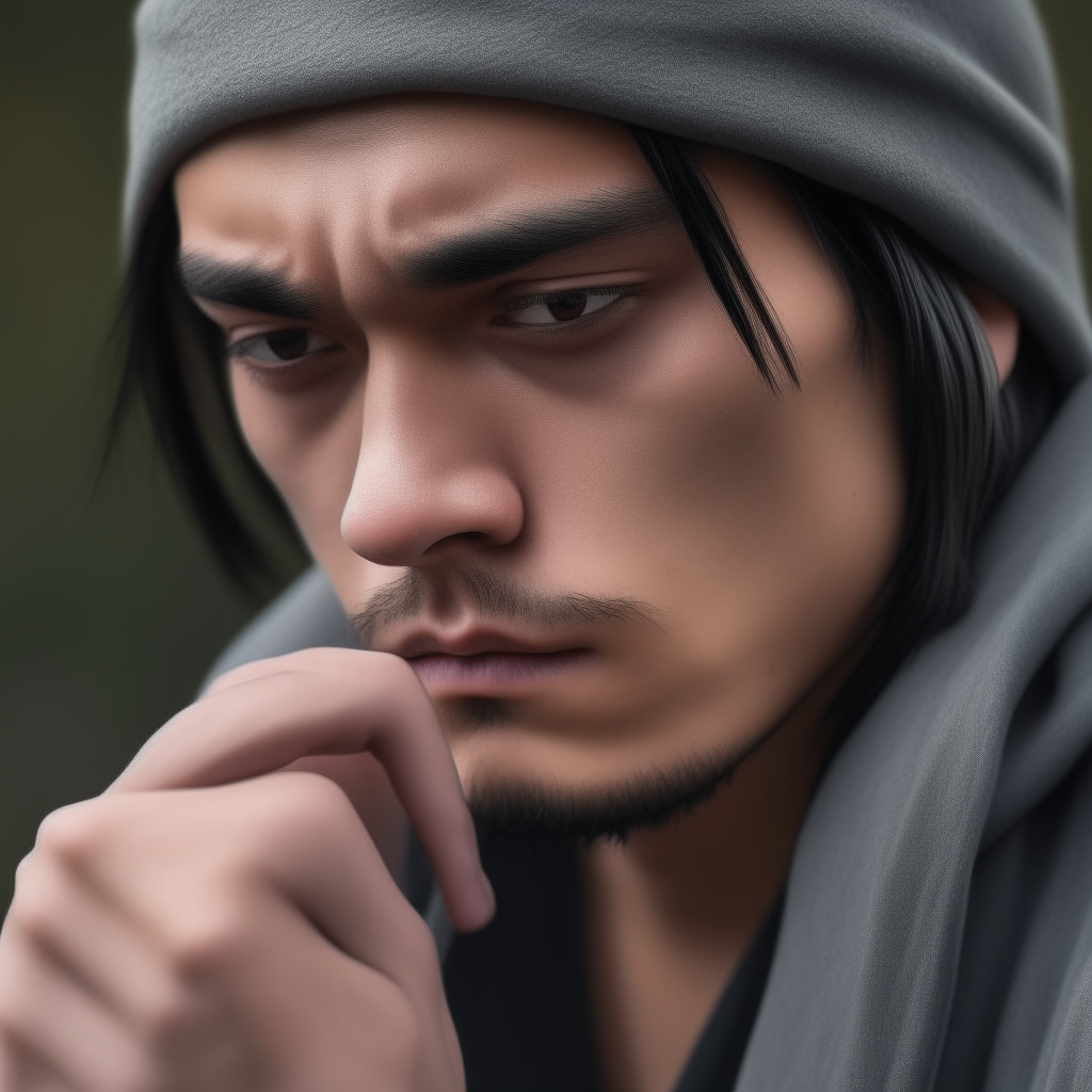 Close-up of Niko's hands holding a cigarette between drags, gray knit cap pulled low over his brow as he stares into the distance on a crisp autumn day.