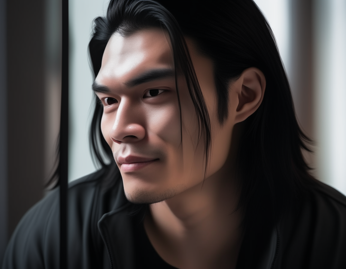 Portrait of Niko gazing at his reflection in a mirror, long black hair swept back as he turns his head thoughtfully, noticing a resemblance to a favorite actor.