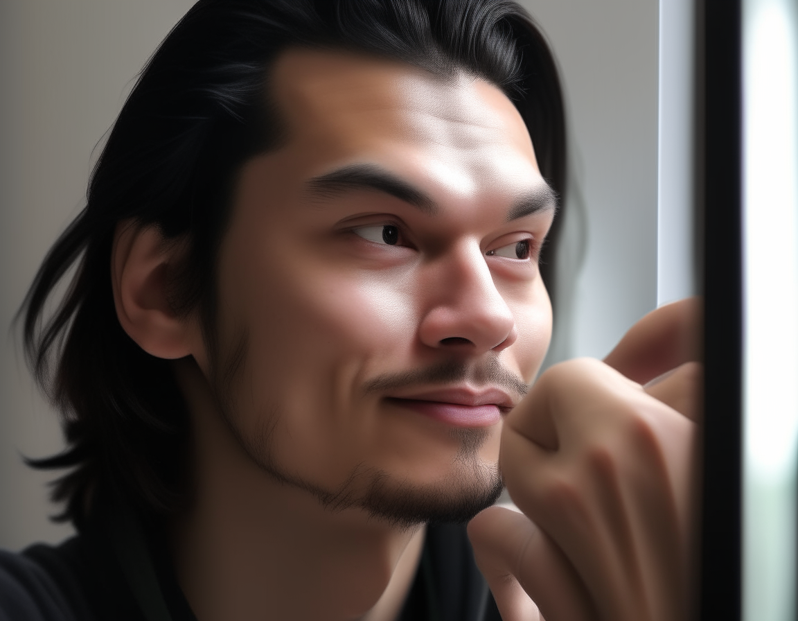 Three-quarter view of Niko tilting his head as he examines his profile in the mirror, noticing a likeness to a celebrity he finds handsome.