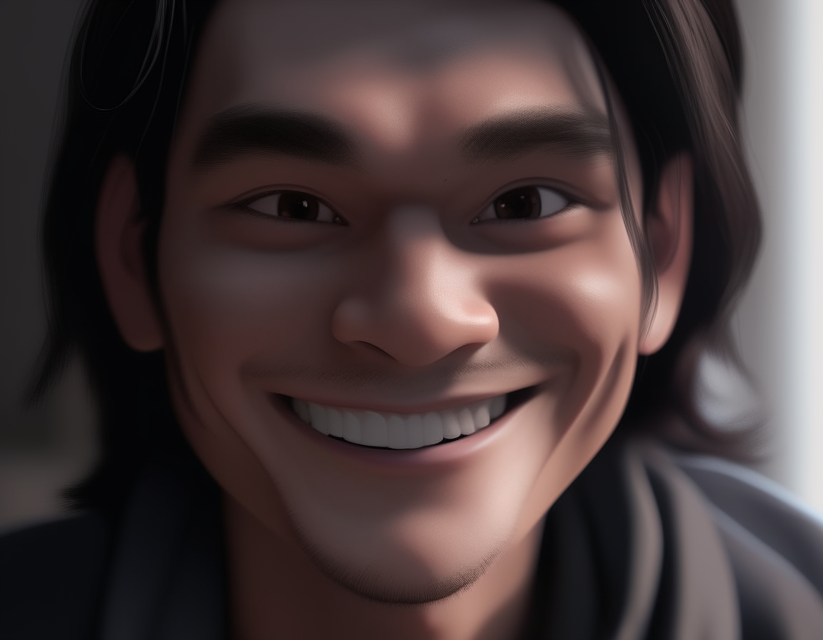 Close-up of Niko smiling softly at himself in the mirror, gray eyes crinkling at the corners like someone he admires.