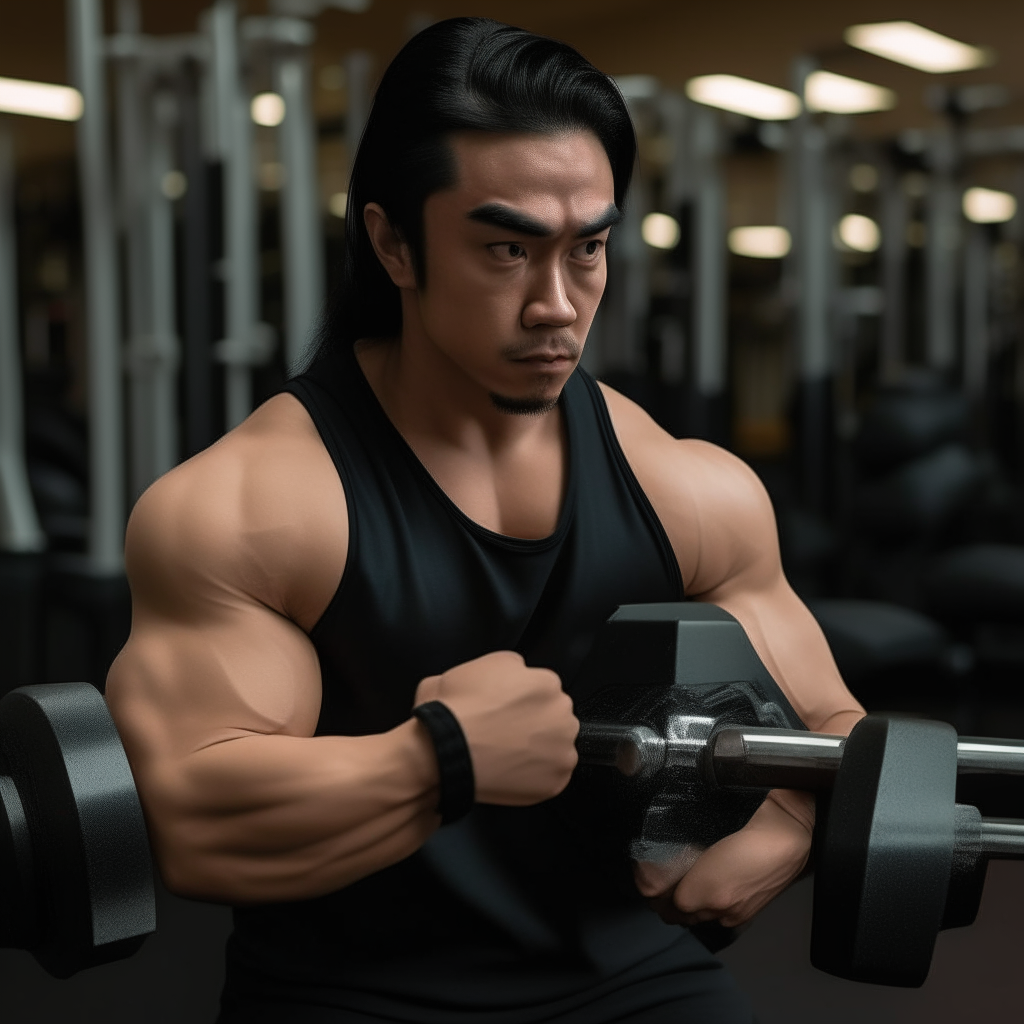 Portrait of Niko doing bicep curls at the gym, long black hair pulled back to highlight his focused expression.