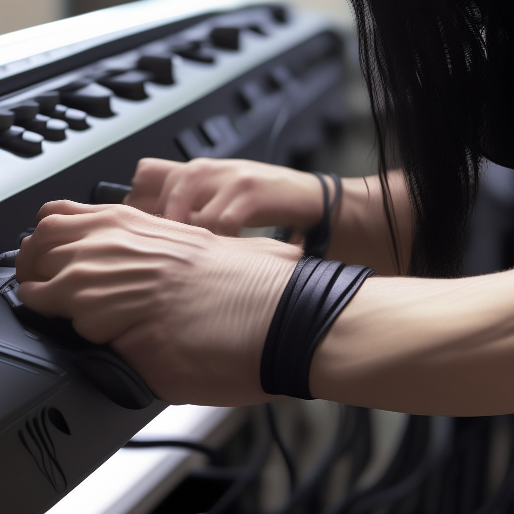 Close-up of Niko's hands gripping a treadmill console, long black hair tied up to keep it out of his face as he jogs.