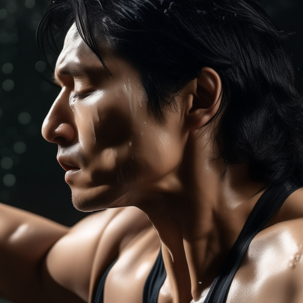 Profile of Niko drinking water after a workout, droplets of sweat on his brow as his long black hair sticks to his neck.