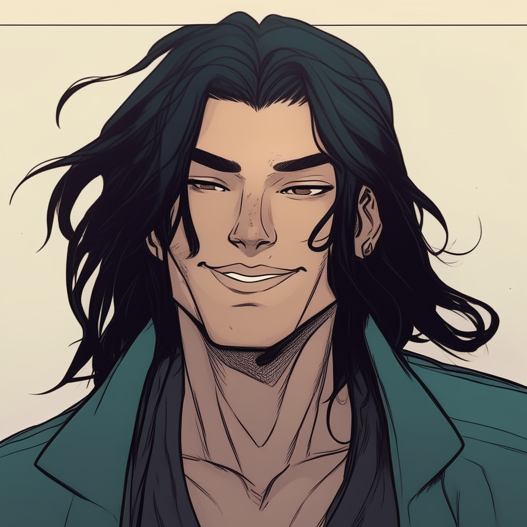 Portrait of Niko smiling softly with dimples showing, long black hair flowing behind him in comic-book style.