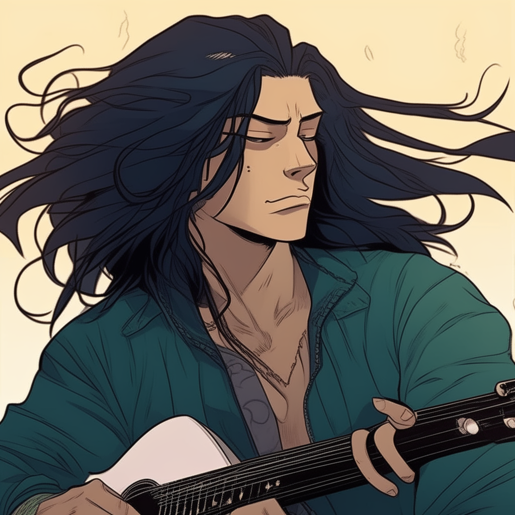 Three-quarter view of Niko strumming a guitar pensively, long black hair blowing dramatically in the wind like a comic panel.