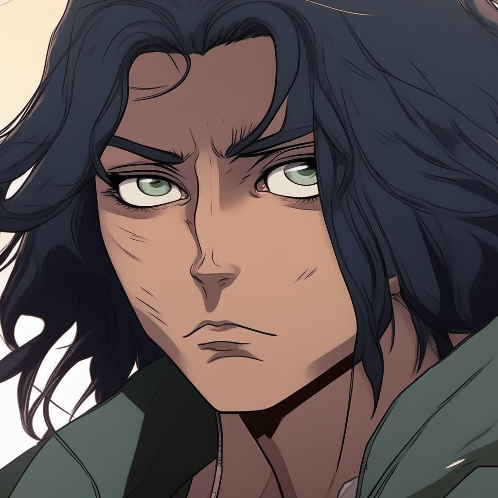Close-up of Niko's intense gray eyes gazing into the distance, long black hair drawn in an animated windblown style.