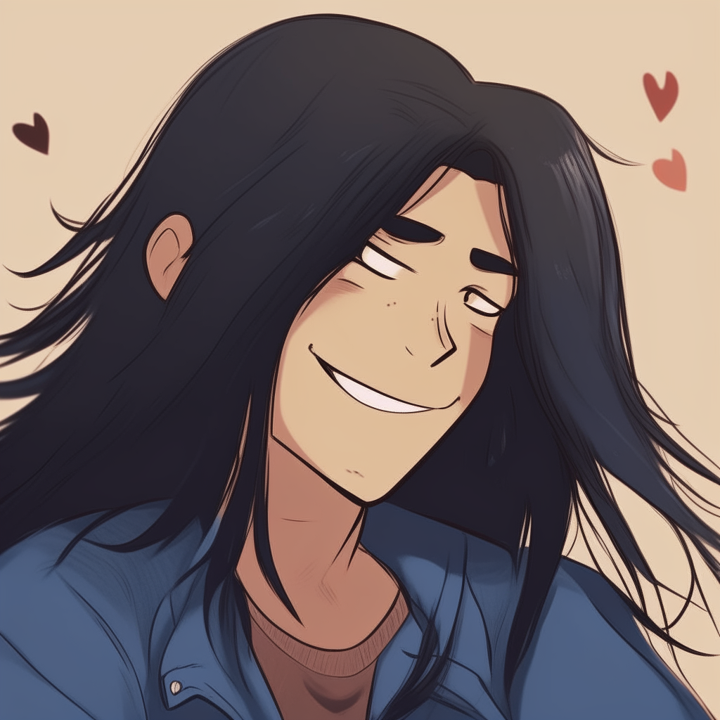 Close-up of Niko's smiling face as a child, long black hair drawn in an animated windblown style with cartoon hearts floating around his head.