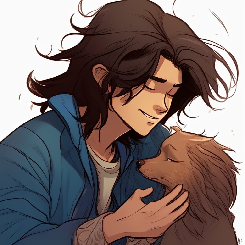 Three-quarter view of a young Niko playing with a puppy, both with big sparkling eyes and windswept hair drawn in an exaggerated comic book style.