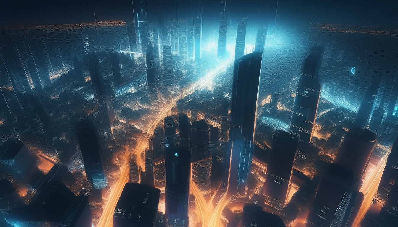 overhead view of a futuristic city at night, with a glowing skyline of tall buildings