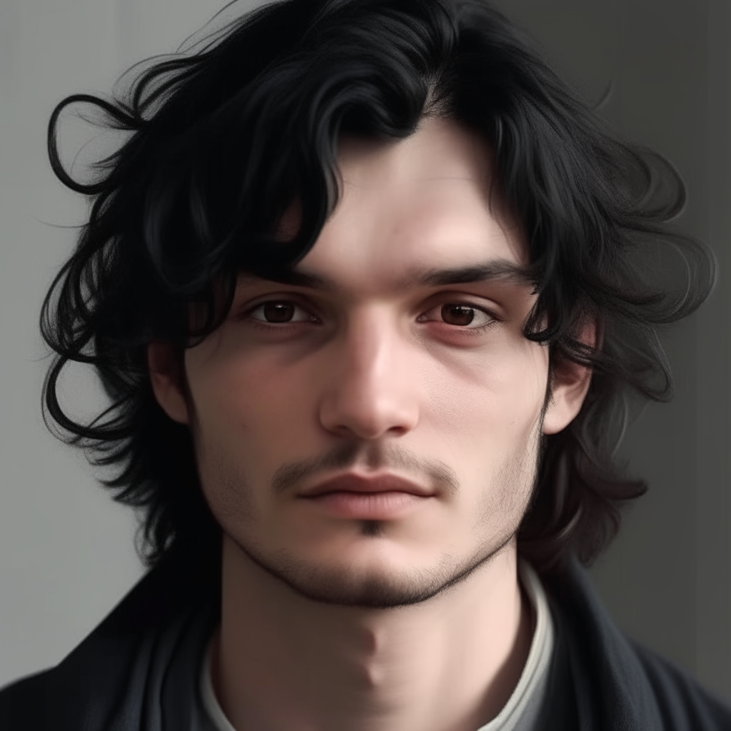 Portrait of Niko with wavy black hair and soft features, taking after one parent but with the intense eyes of the other.