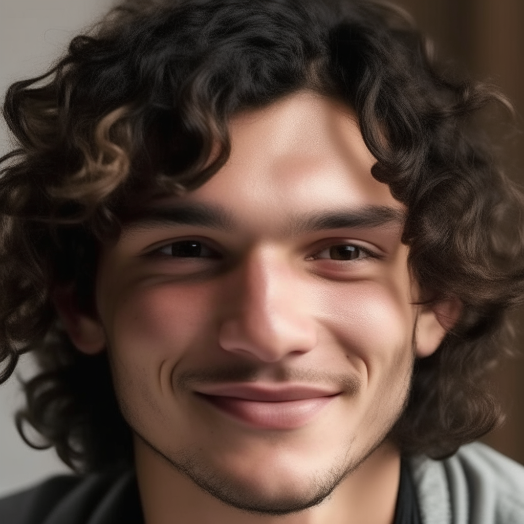 Close-up of Niko smiling shyly to show dimples, his hair a mix of curls and waves like in the reference photos.