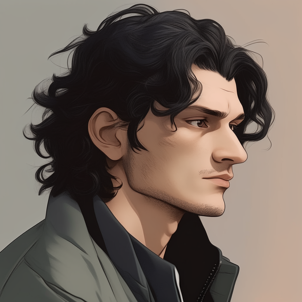 Profile view of Niko with wavy black hair and soft features like image 46, but with the intense gaze and jacket style of image 48.