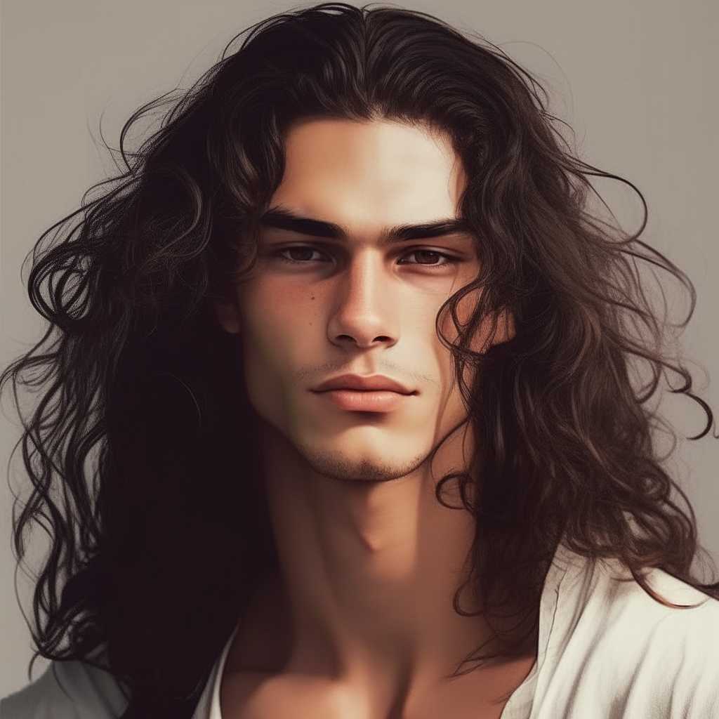 Portrait of Niko with long wavy hair and soft features, but with the intense gaze and shirtlessness of image 52.