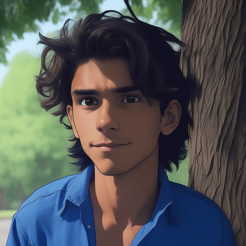Close-up of Niko standing next to a tree, his features and blue shirt taking after image 53 but with the hair of image 51.