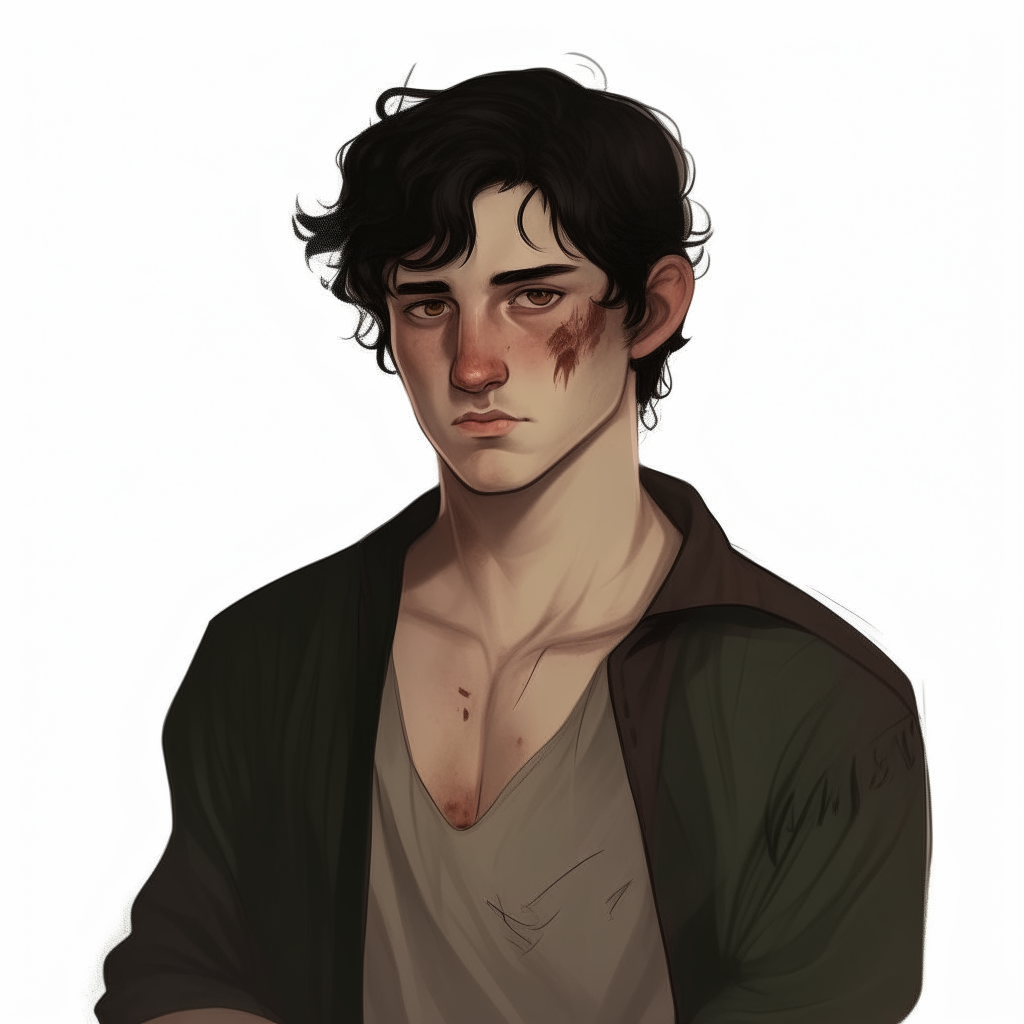 A young man with dark hair and eyes, wearing worn clothing. Scars on his arms hint at a difficult past.