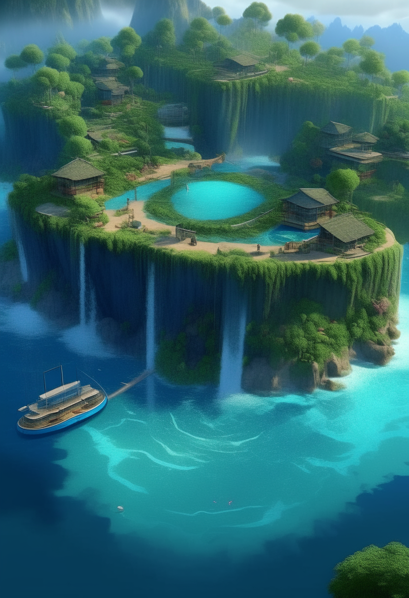 In a large, ultra-clear picture, there is an island with moving blue waterfalls and green lakes. There is a complex of huts on the water, and on the side there is a DJ party 