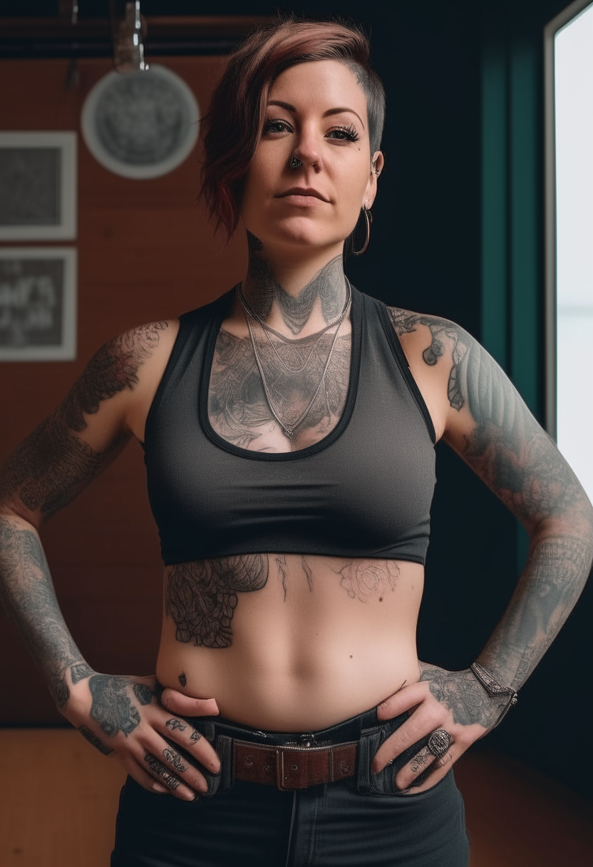 A woman with a tattoo on her arm posing with her hands on her hips