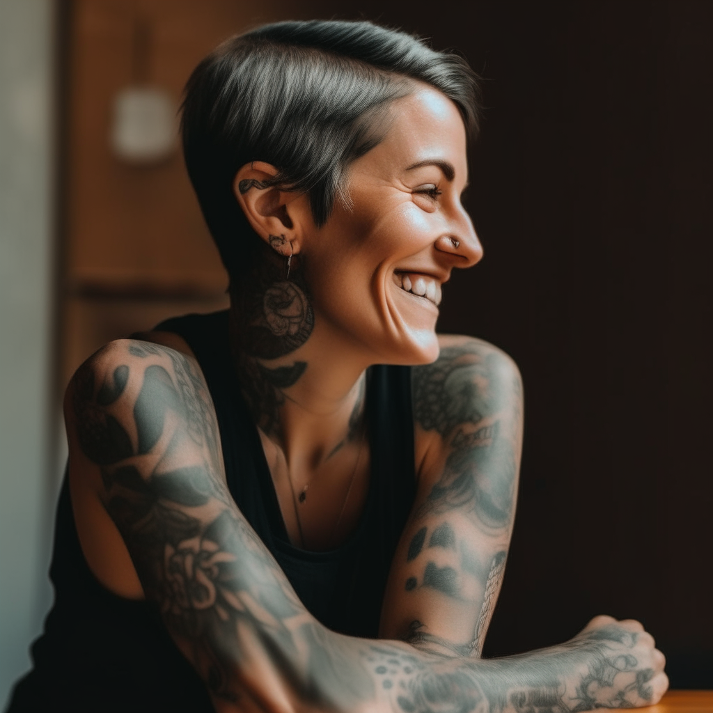 A woman with a tattoo on her arm sitting and smiling, three-quarter view profile