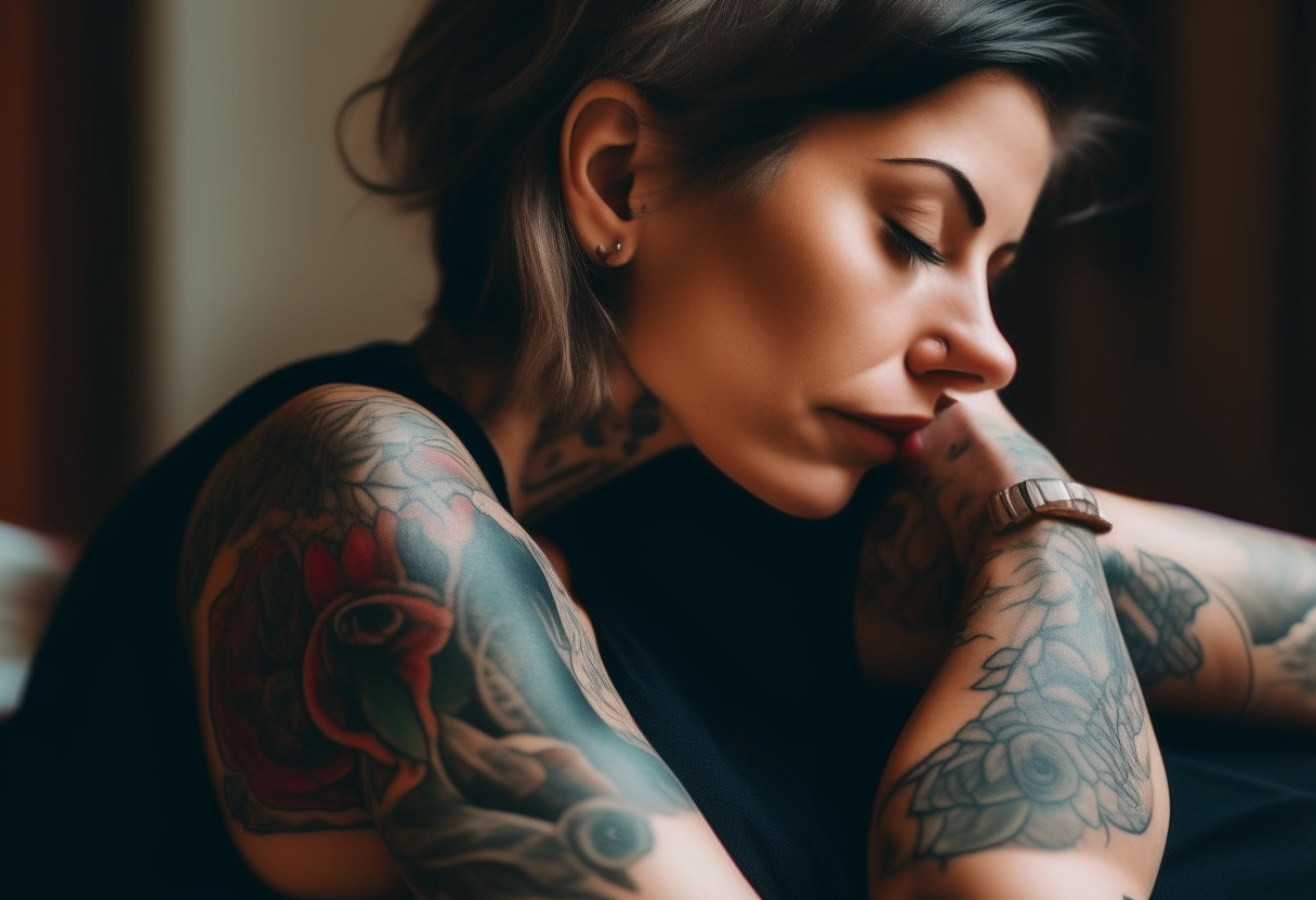 A woman with a tattoo on her arm laying down and looking over her shoulder