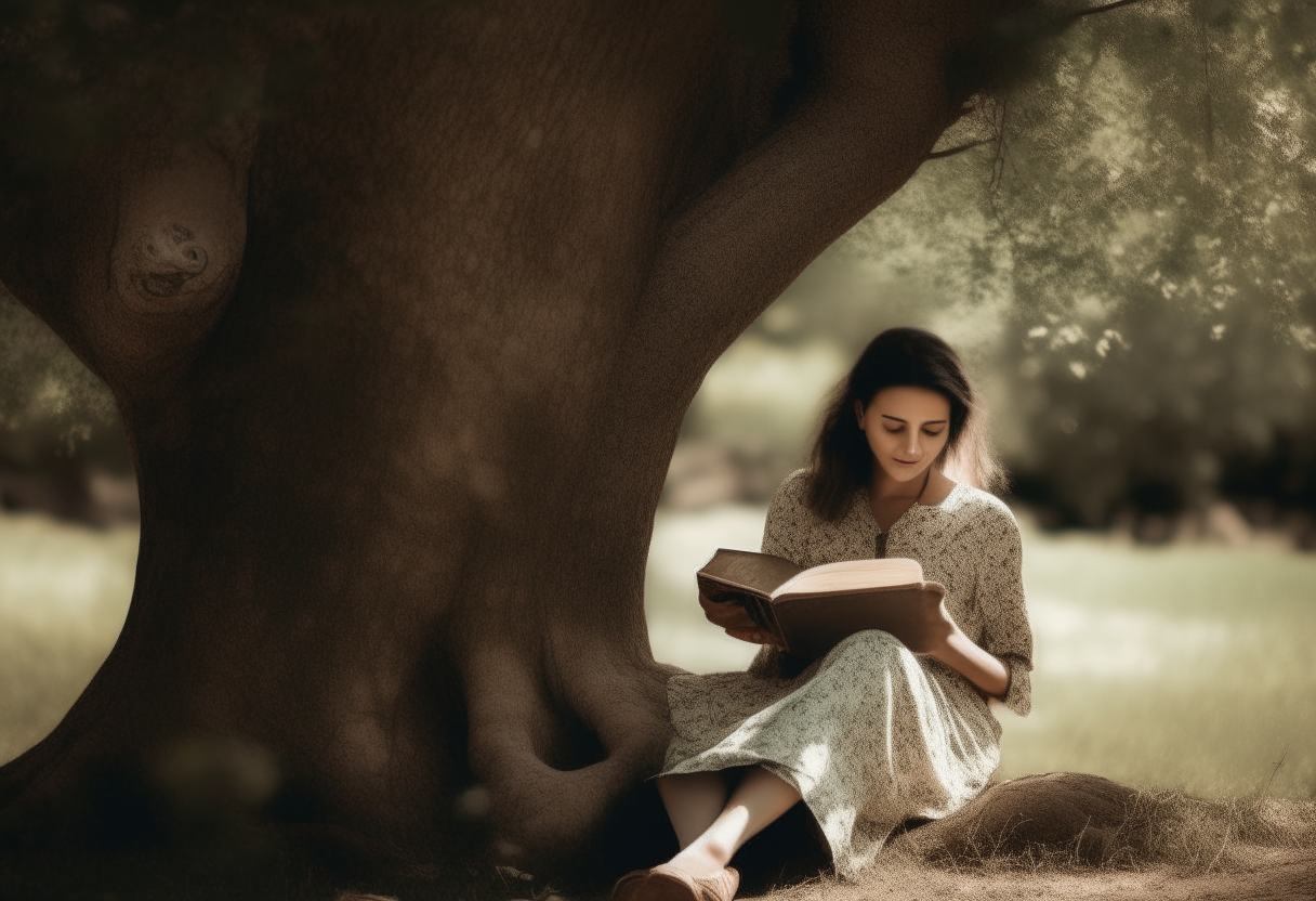 A woman sitting under a tree, reading a book