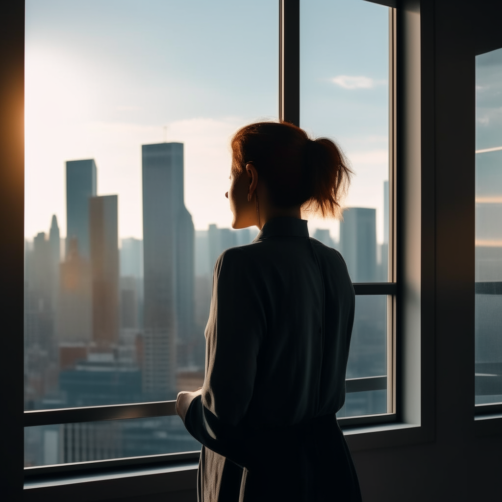 A woman looking out a window at a city skyline