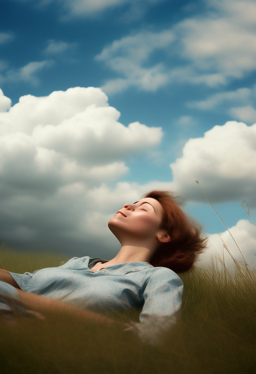 A woman laying in a field, looking up at clouds