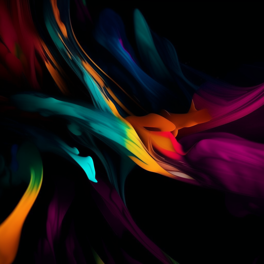 Formas abstractas en colores brillantes sobre un fondo negro