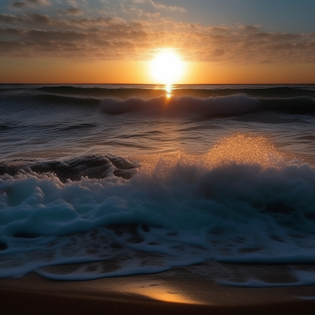 Olas del mar con efectos luminiscentes al atardecer