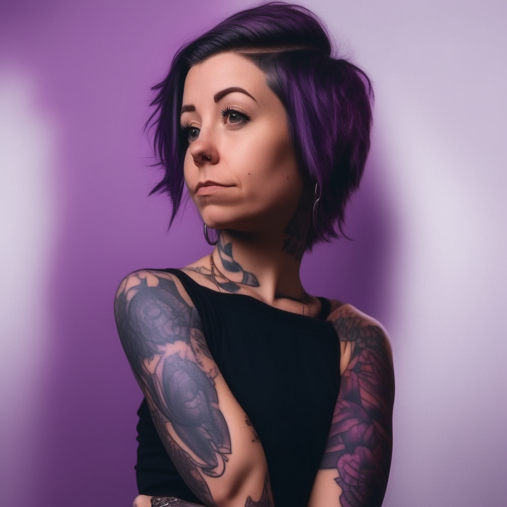 a woman with a tattoo on her arm posing for a picture against a purple background