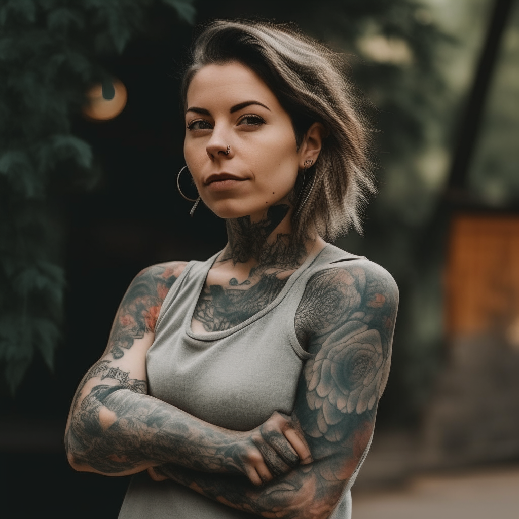 a woman with a sleeve tattoo posing outdoors